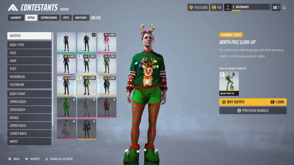 The outfits section of the Style page, where you can equip skins in The Finals, with the North Pole Glow-Up outfit previewed on the contestant.