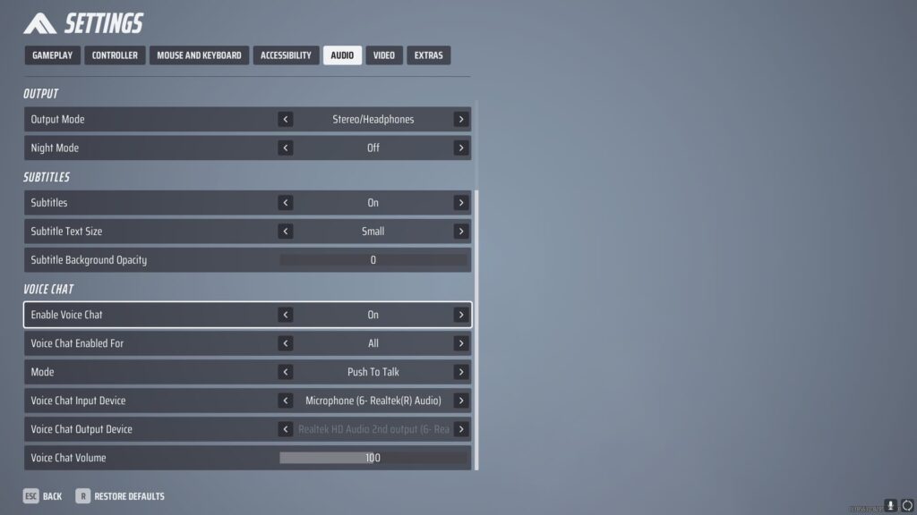 The Audio settings of The Finals, showing voice chat enabled and its other options.