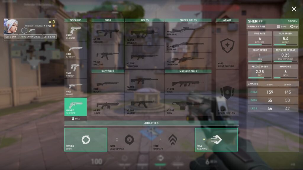 The Buy menu in VALORANT shows that Jett can sell, or refund, the Sheriff that she purchased.