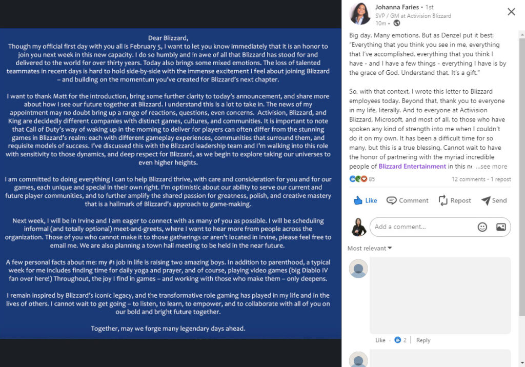 Blizzard president Johanna Faries' announcement