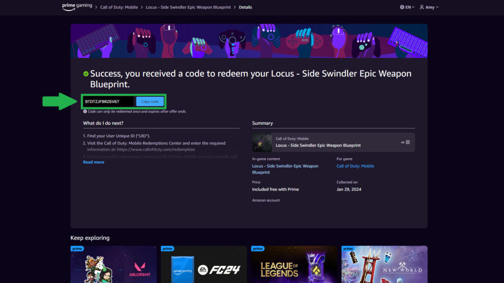 Copy your unique code