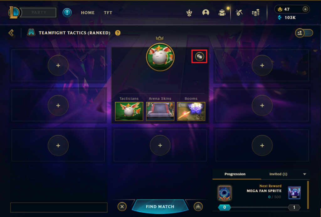 A player has selected their tactician, arena skin, and boom for TFT ranked.