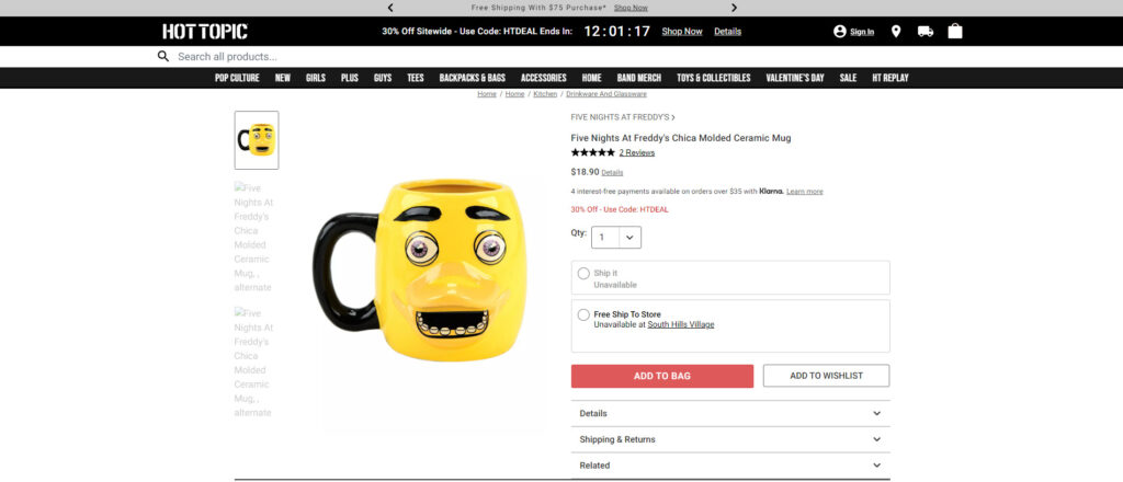 Screenshot of the cursed Chica Mug from the Hot Topic site.