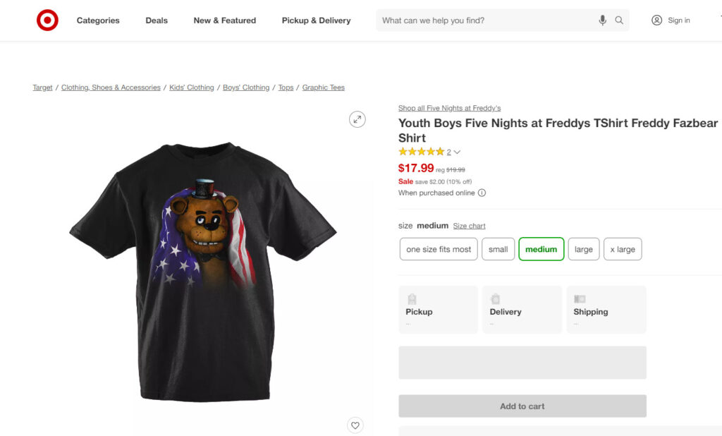 Freddy Fazbear wrapped in the American flag on a tshirt