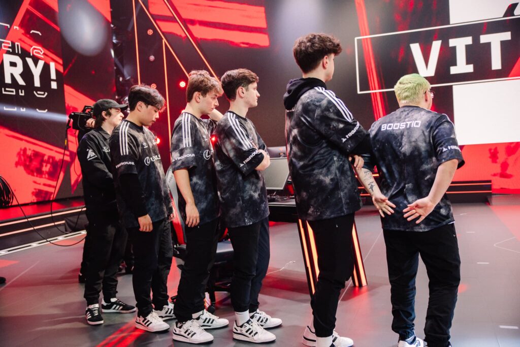100 Thieves, with Boostio on the far right, seen onstage after competing at VCT Americas Kickoff on Day 4 of Week 1 at Riot Games Arena on February 19, 2024.