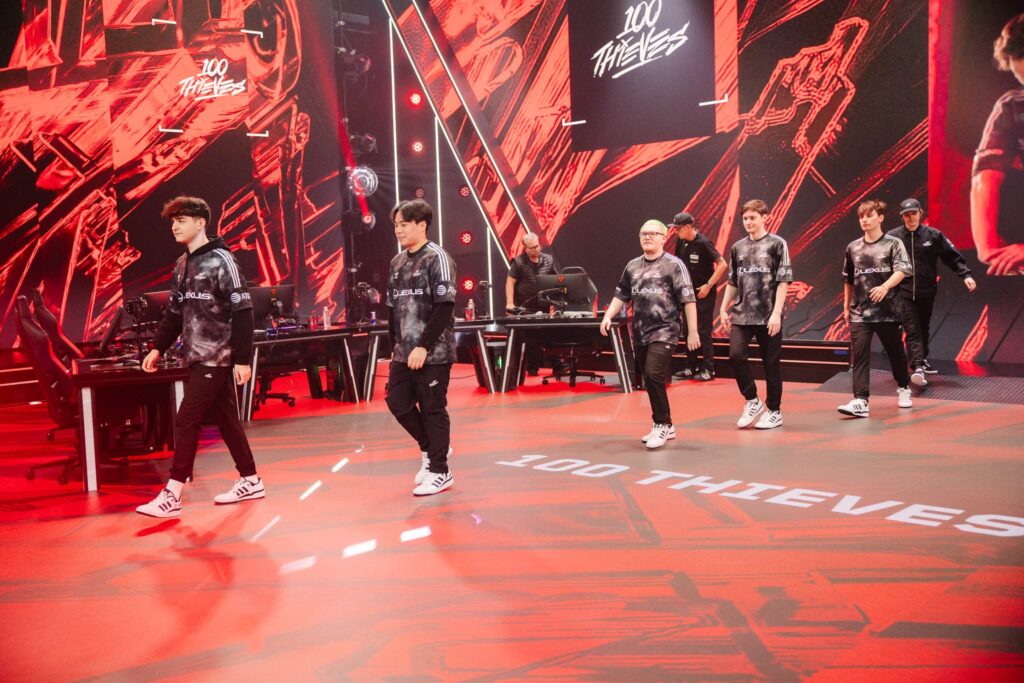 100 Thieves walks onstage to compete at VCT Americas Kickoff on Day 4 of Week 1 at Riot Games Arena on February 19, 2024.