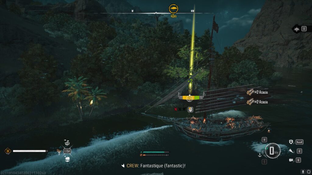 A player saws a tree with a mini game in Skull and Bones to harvest Acacia.