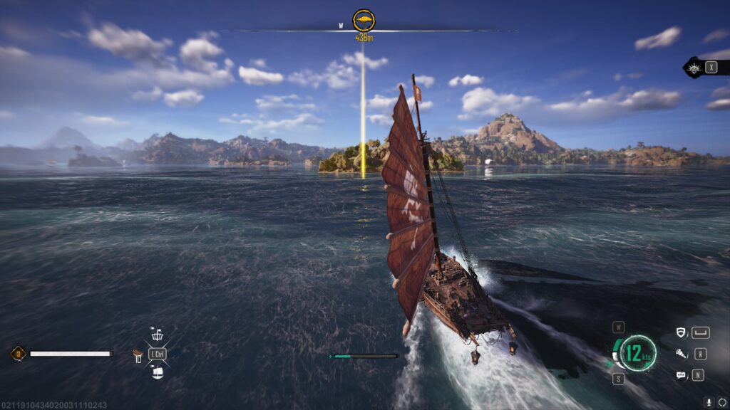 A player sails their ship towards the location marked on their map.
