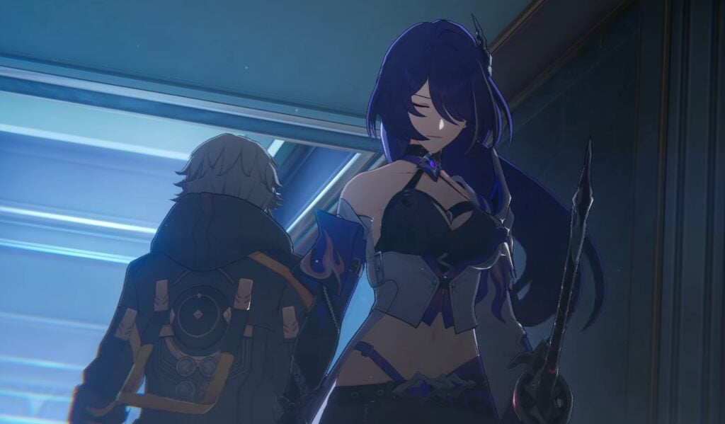 Acheron walks past Trailblazer during in-game cut scene from Honkai Star Rail