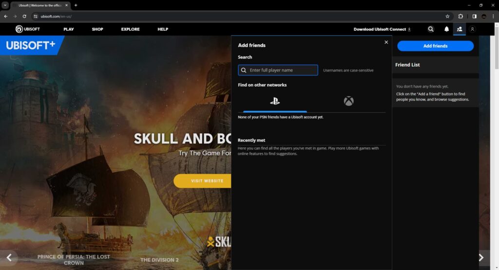 The add friends option is open on the Ubisoft website.