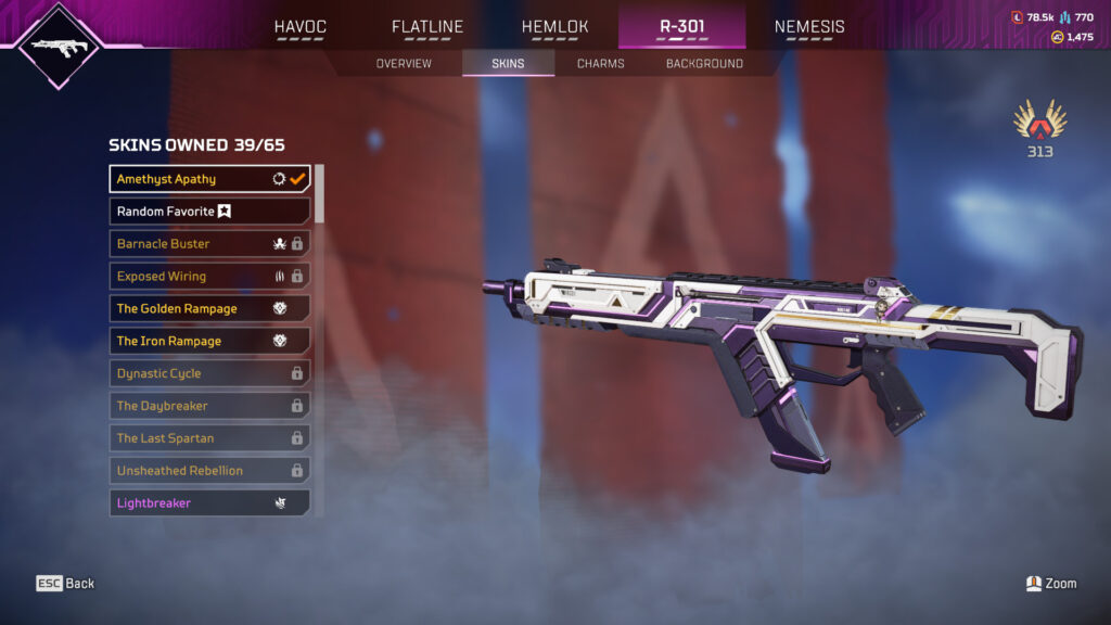The Amethyst Apathy skin for the R-301 is an excellent skin with a subtle design that retains the R-301's purist AR theme while featuring a sleek design with an understated purple glow. 