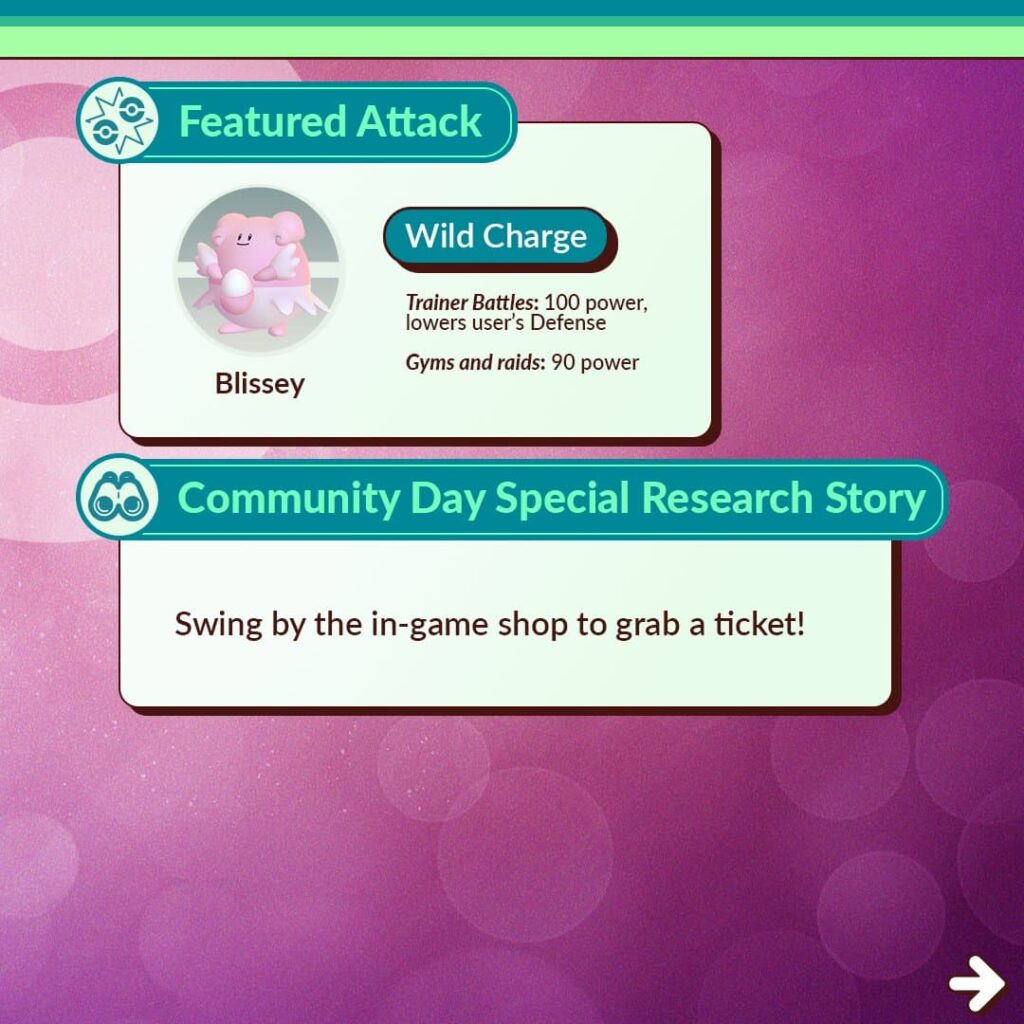 Blissey is shown with a featured attack of Wild Charge, and a mention of a Special Research Story.