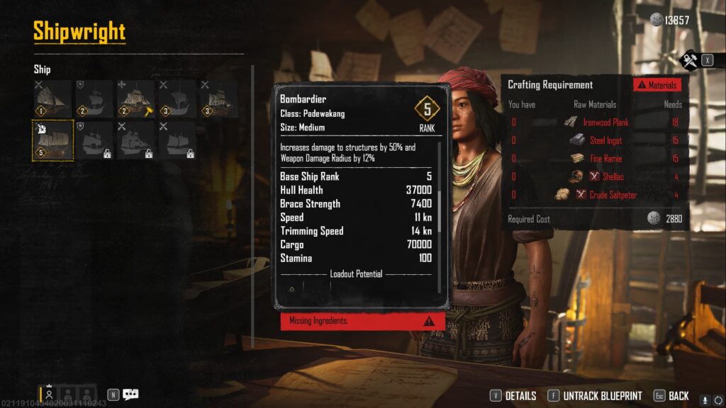 The base ship stats of the ship in Skull and Bpnes.