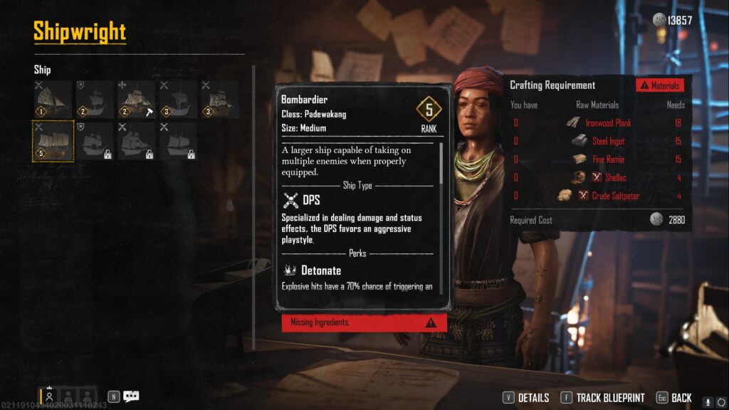 The Bombardier Padewakang ship in the Shipwright's shop in Skull and Bones.