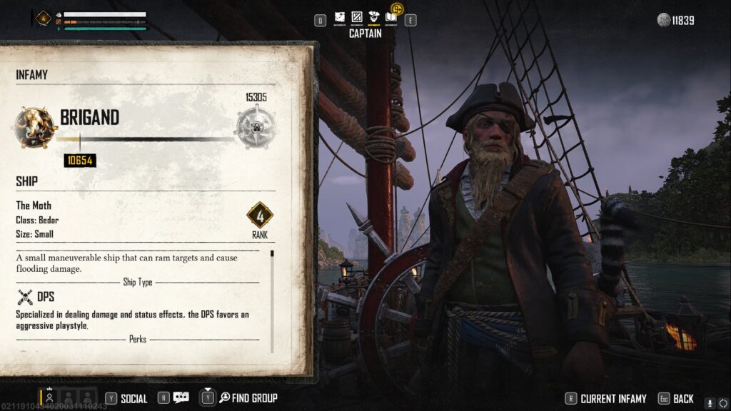 A pirate stands to the right as his Infamy Rank of Brigand is shown in Skull and Bones.