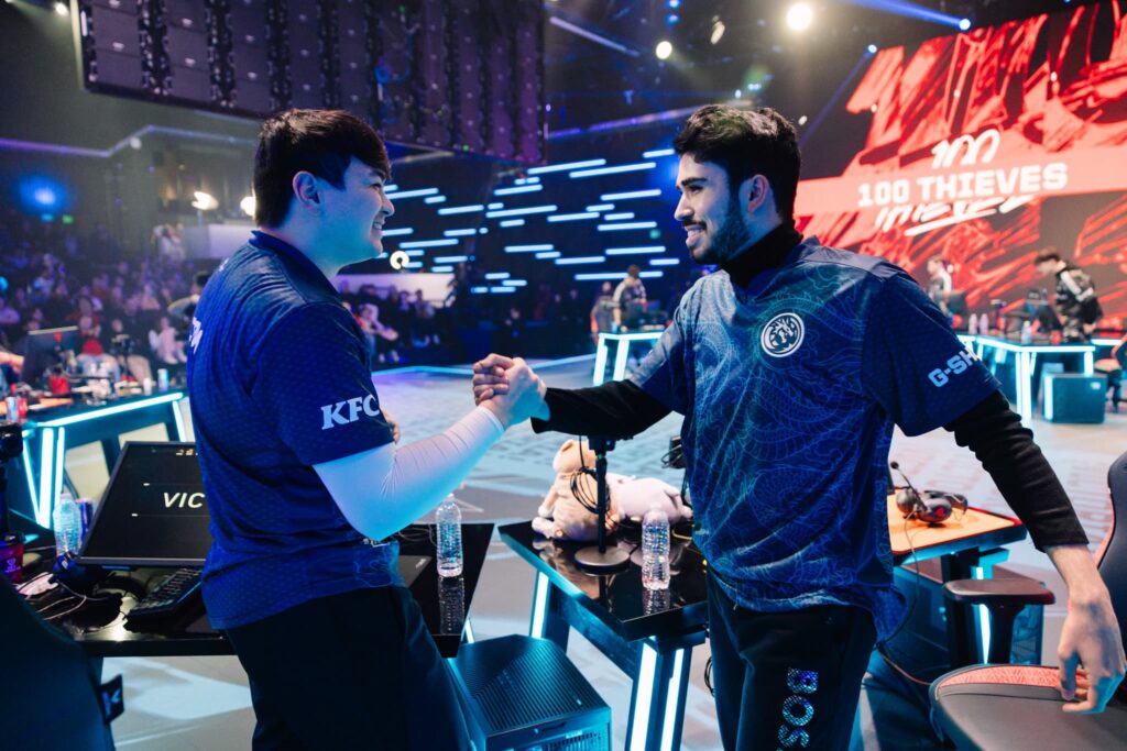 C0M and aspas of Leviatán after victory at VCT Americas Kickoff on Day 2 of Week 1 at Riot Games Arena on February 17, 2024.