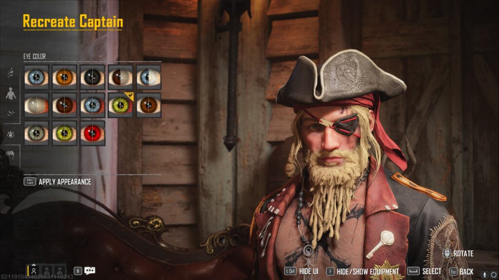 A player looks at the Eye Color section as they change the physical appearance of their pirate in Skull and Bones.