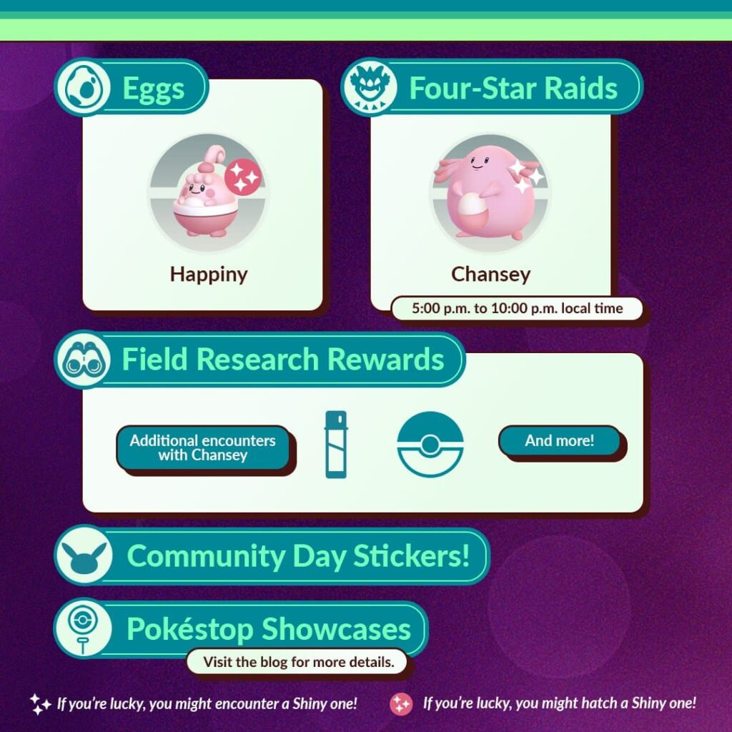 Happiny is shown as an increased Egg hatch, Chansey in the bonus 4-Star Raids, and other details for the Pokemon GO Community Day February 2024.