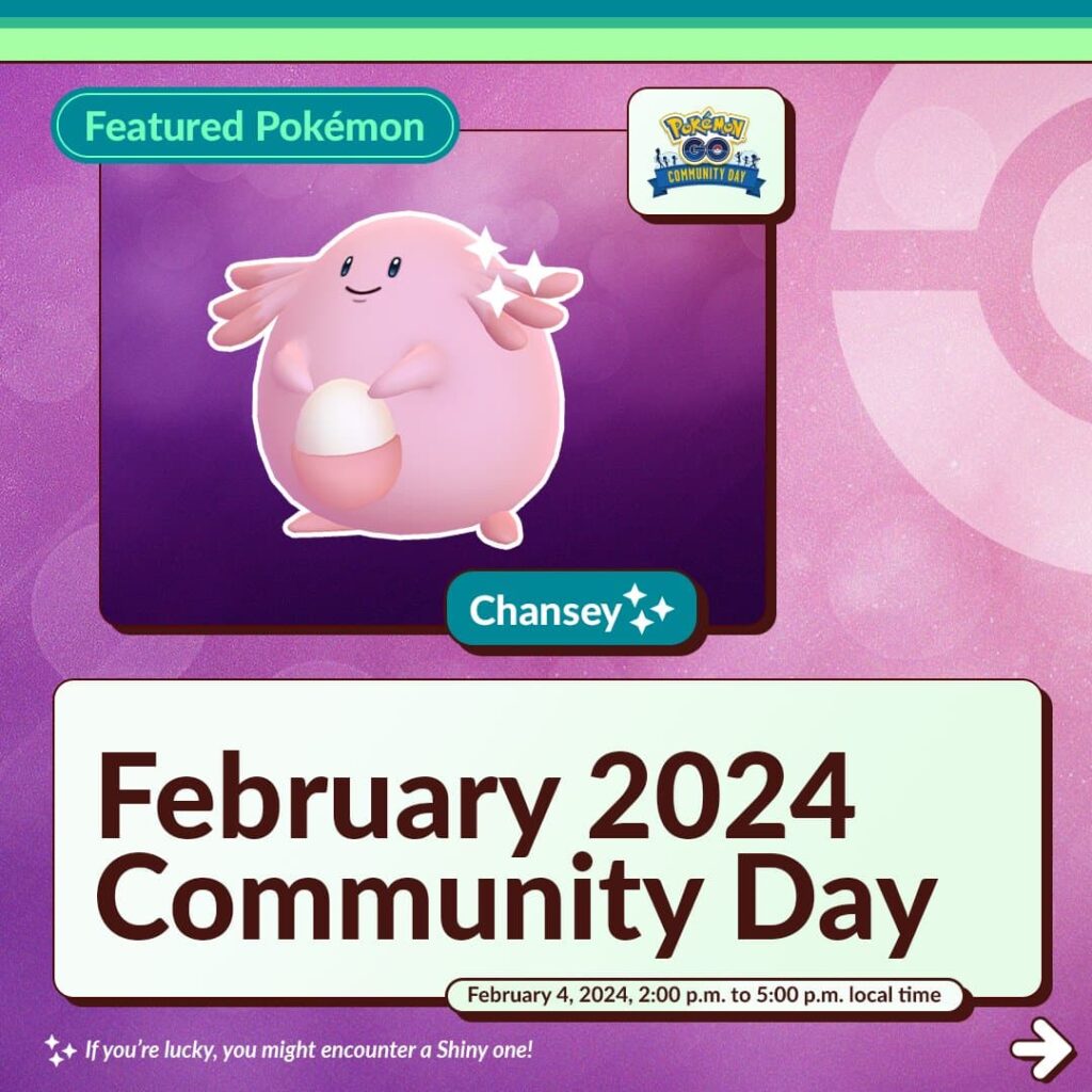 Chansey and the time shown for the February 2024 Pokemon GO Community Day.