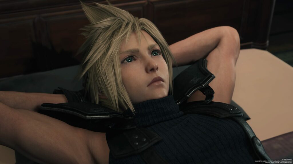 Cloud lounges with his hands behind his head at his mom's house in the Final Fantasy Rebirth 7 demo.