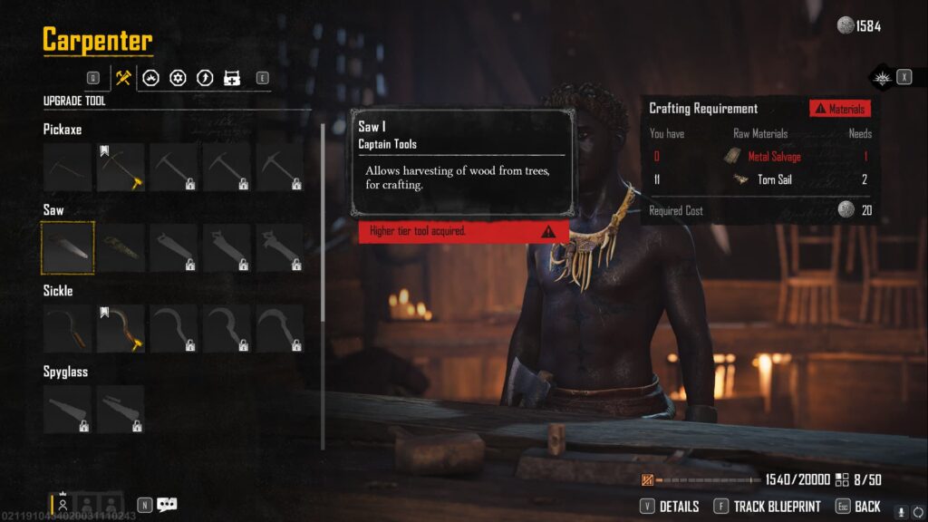 A player selects to craft a Saw at the Carpenter in Skull and Bones.