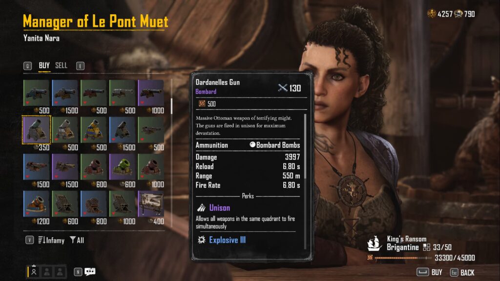 A look at the Dardanelles Gun in the Black Market in Skull and Bones.