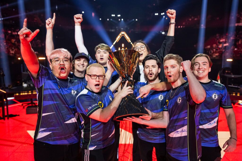 Jawgemo with Evil Geniuses pose with the VALORANT Champions Los Angeles Trophy after victory at the Grand Finals at the Kia Forum on August 26, 2023 in Los Angeles, California. 