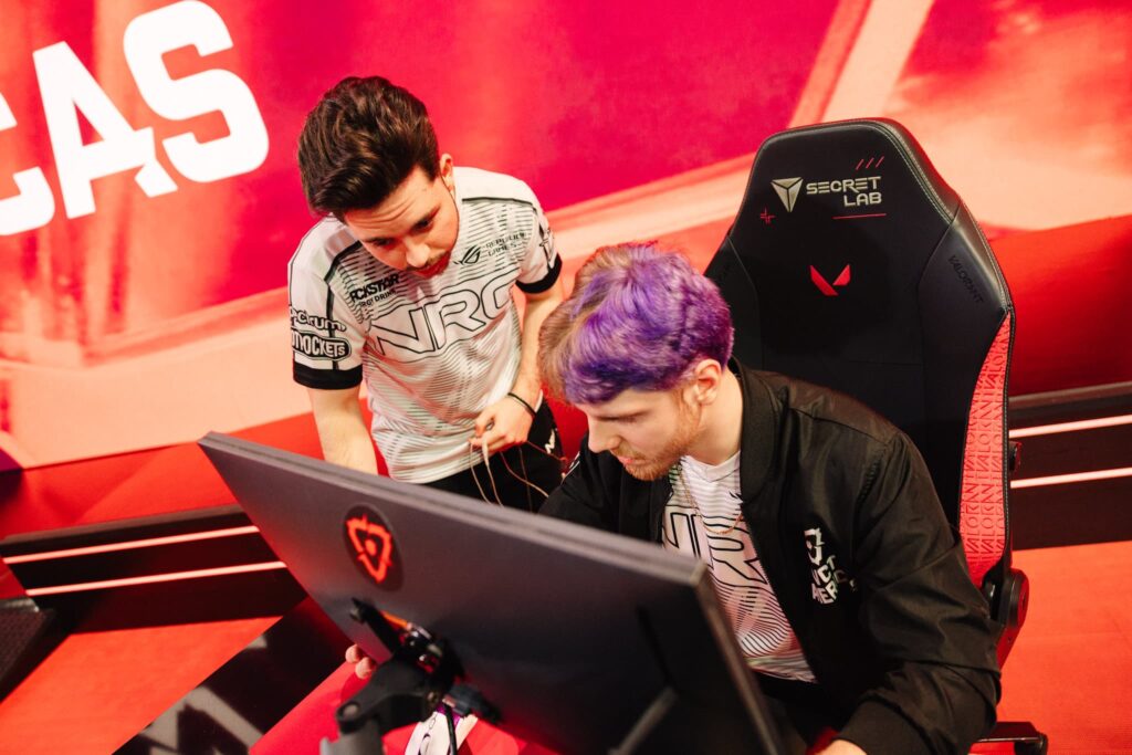 Ethan (L) and "Demon1" of NRG compete at the VCT Americas Kickoff on Day 1 of Week 1 at Riot Games Arena on February 16, 2024. 