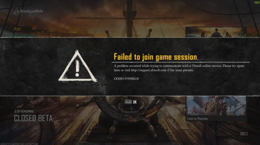 The Failed to Join Game Session error with code DODO-FFF0BE2B in Skull and Bones.