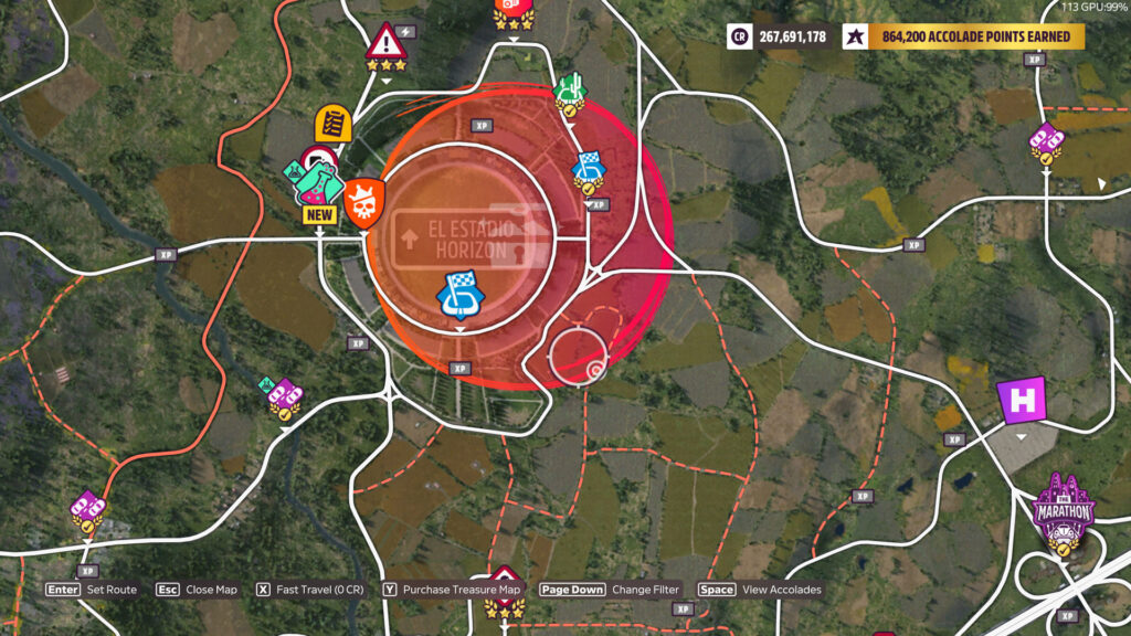 The treasure chest is located near the El Estadio Horizon stadium