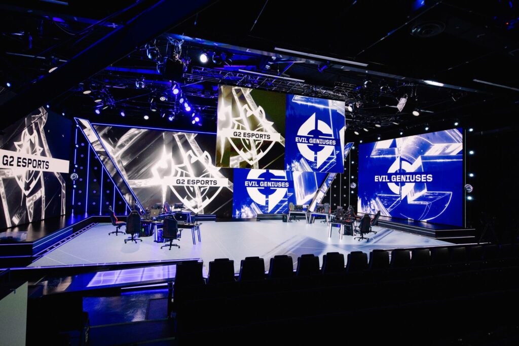 G2 Esports (L) and Evil Geniuses logos seen onstage at VCT Americas Kickoff on Day 2 of Week 2 at Riot Games Arena on February 24, 2024. 