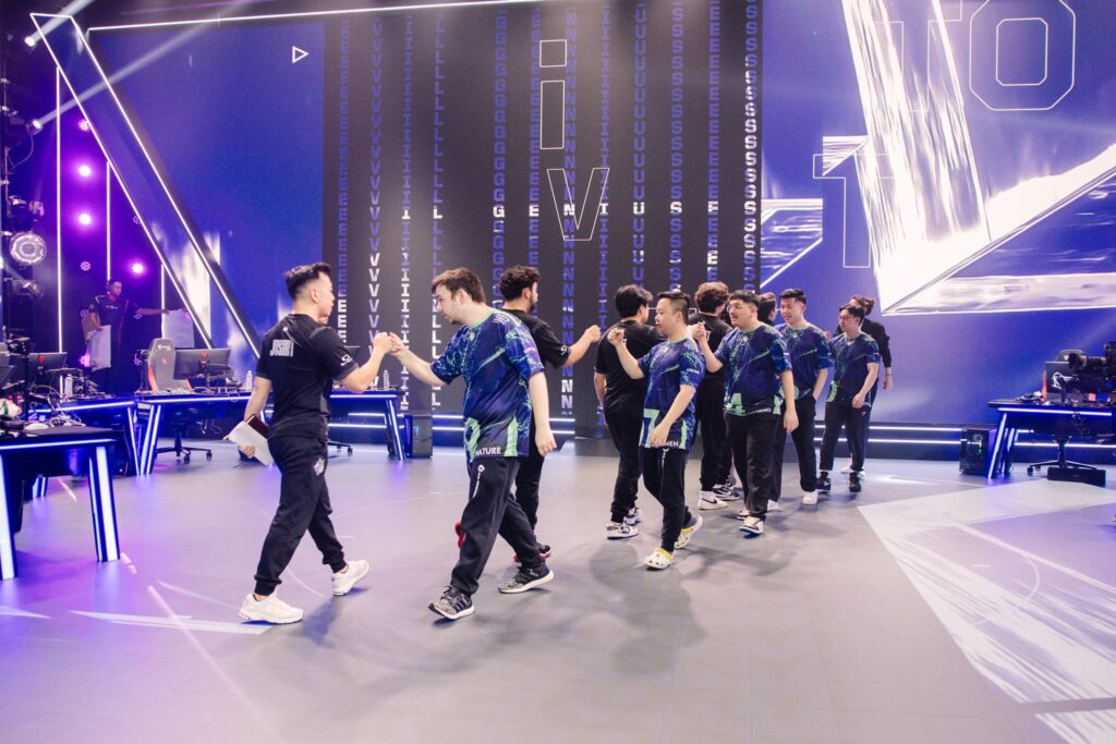 G2 Esports and Evil Geniuses fist bump onstage after competing at VCT Americas Kickoff on Day 2 of Week 2 at Riot Games Arena on February 24, 2024.