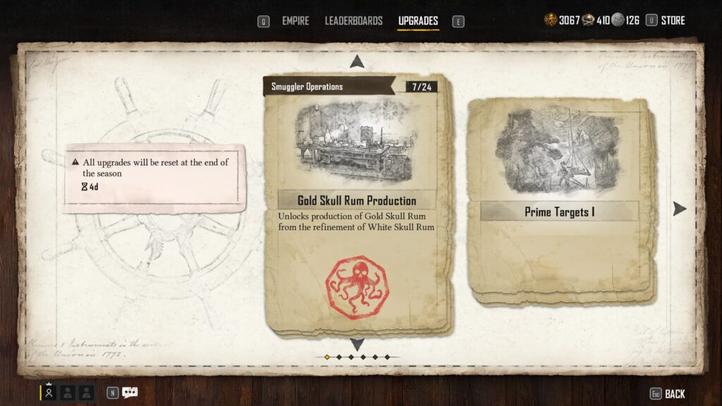 The Gold Skull Rum Production Upgrade at the Helm Empire Overview in Skull and Bones.