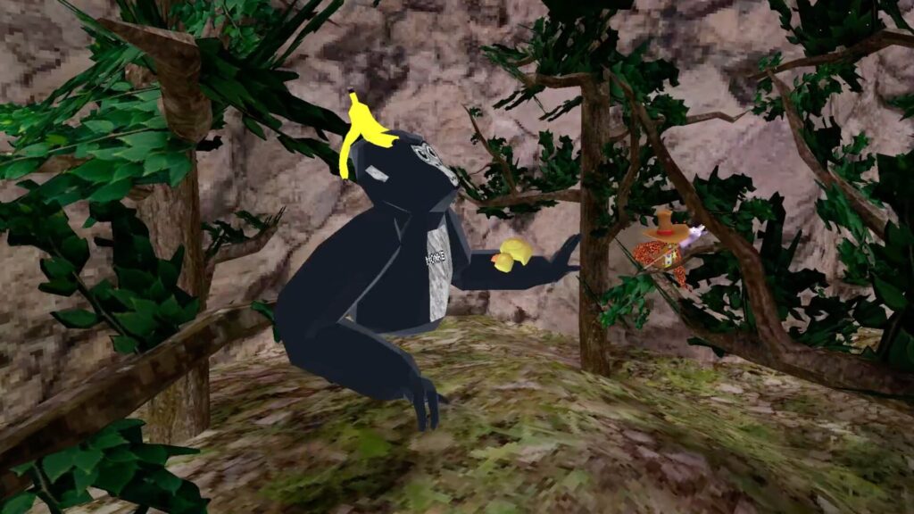 A gorilla looks up a tree with a banana peel on its head in Gorilla Tag.
