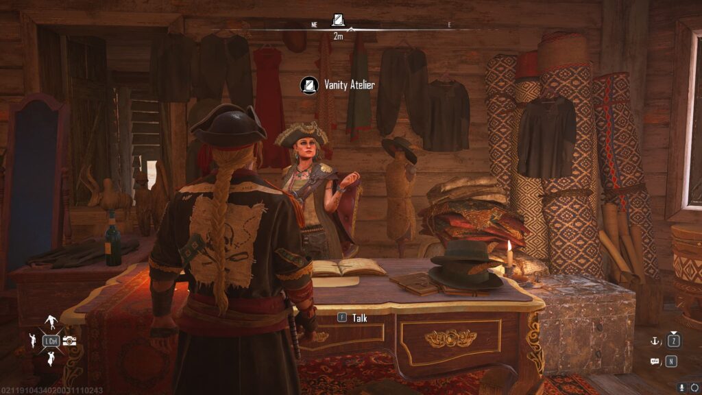 The pirate approaches the merchant inside the Vanity Atelier.