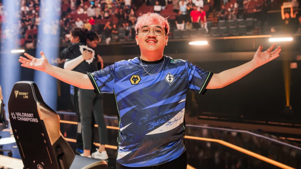 jawgemo of Evil Geniuses poses onstage after victory against LOUD at VALORANT Champions Los Angeles Knockouts Stage at the Kia Forum on August 25, 2023 in Los Angeles, California. 