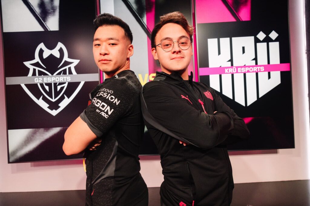 Coaches JoshRT of G2 Esports (L) and Atom of KRÜ Esports seen at the Pre-Show at VCT Americas Kickoff on Day 3 of Week 1 at Riot Games Arena on February 18, 2024. 
