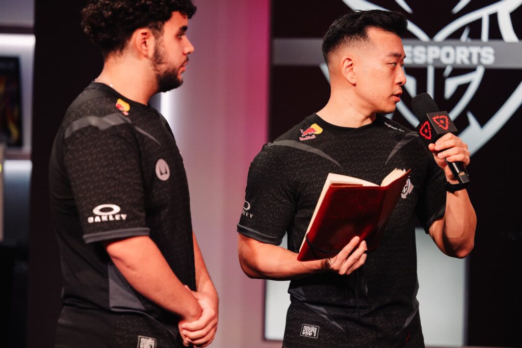 valyn and coach JoshRT of G2 Esports seen at the Pre-Show at VCT Americas Kickoff on Day 3 of Week 1 at Riot Games Arena on February 18, 2024. 