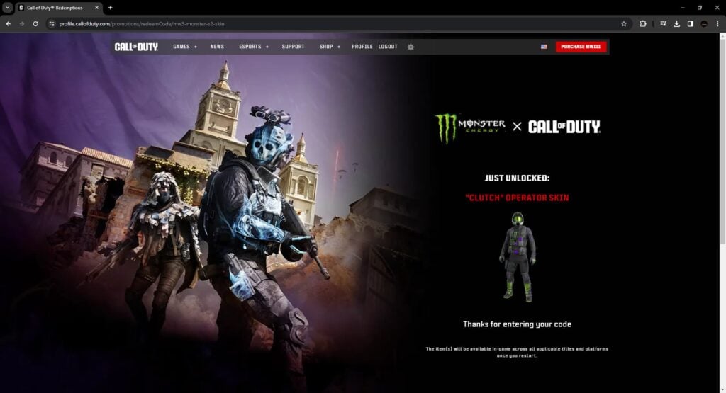 The web page showing the free Clutch Operator skin from Monster Energy redeemed for Call of Duty.