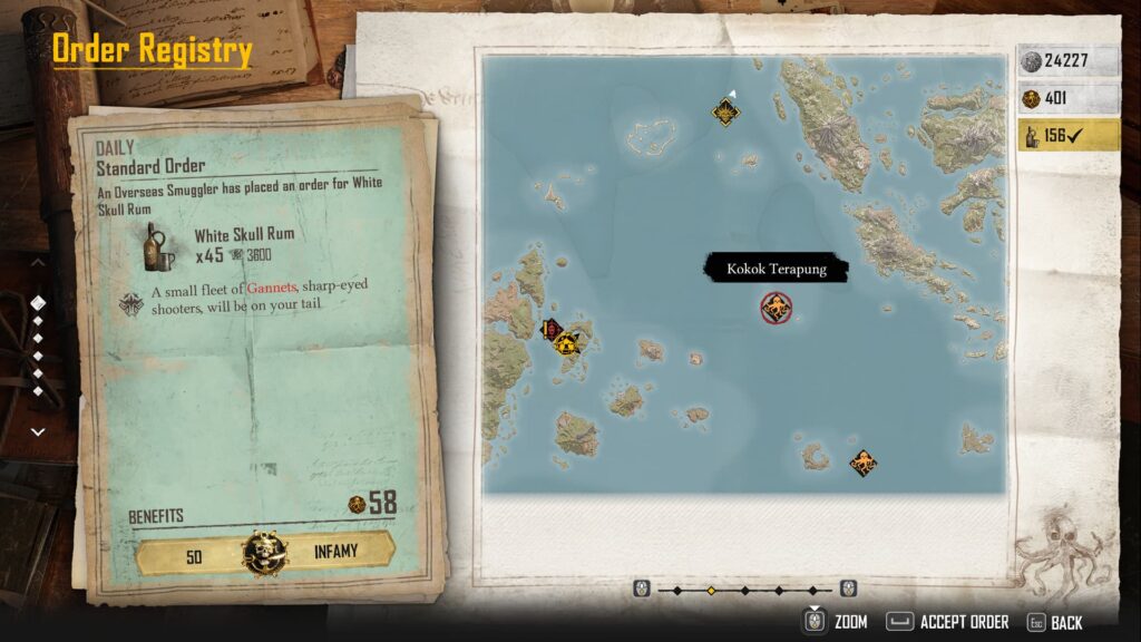 The Order Registry of Skull and Bones shows a smuggler ordering White Rum, with the benefits piecing 58 Pieces of Eight.