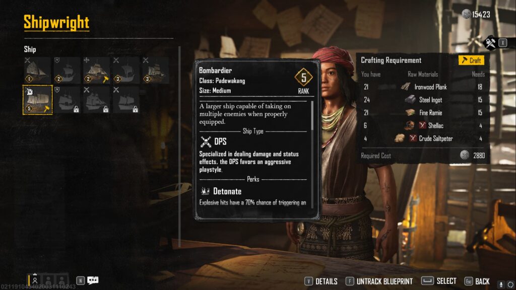 A player looks to craft the Bombardier Padewakang ship with all necessary materials in Skull and Bones.