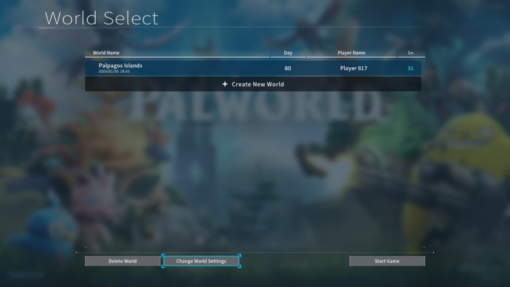 The Palworld World Select screen with the Change World Settings button highlighted.
