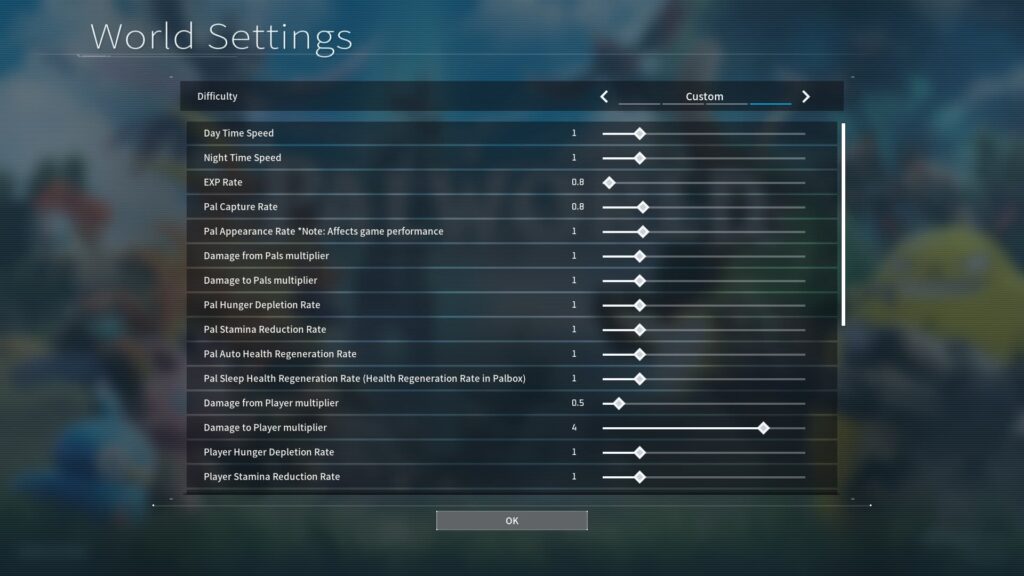 Palworld custom World Settings, first half of the list.