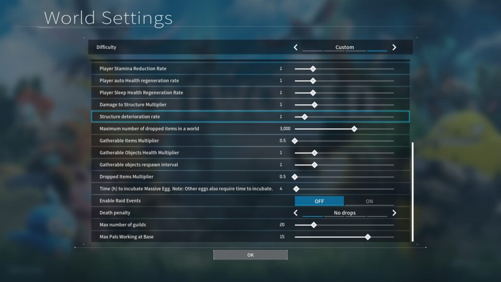 Palworld custom World Settings, second half of the list.