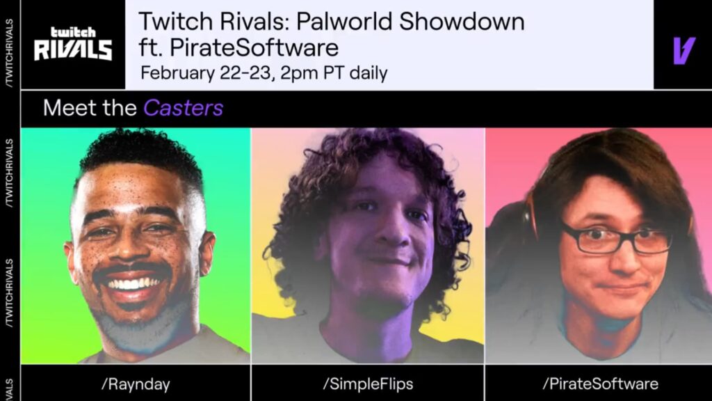 The casters for the Palworld Twitch Rivals event, Raynday, SimpleFlips, and PirateSoftware.