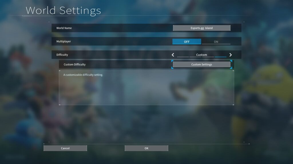 Palworld World Settings screen.