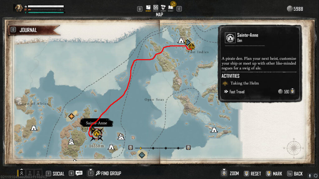 The Skull and Bones map with a red line drawn between Sainte-Anne and Telok Penjarah, showing the best route to take between the two.
