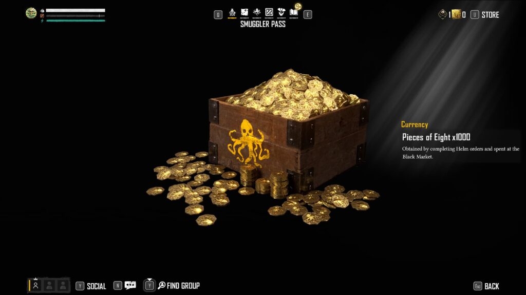 Pieces of Eight x1000 in the Skull and Bones Season 1 Smuggler Pass.
