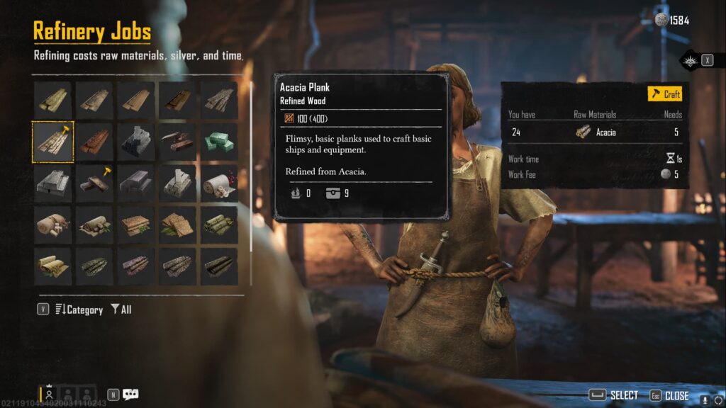 A player chooses to refine Acacia into Acacia Planks in Skull and Bones.