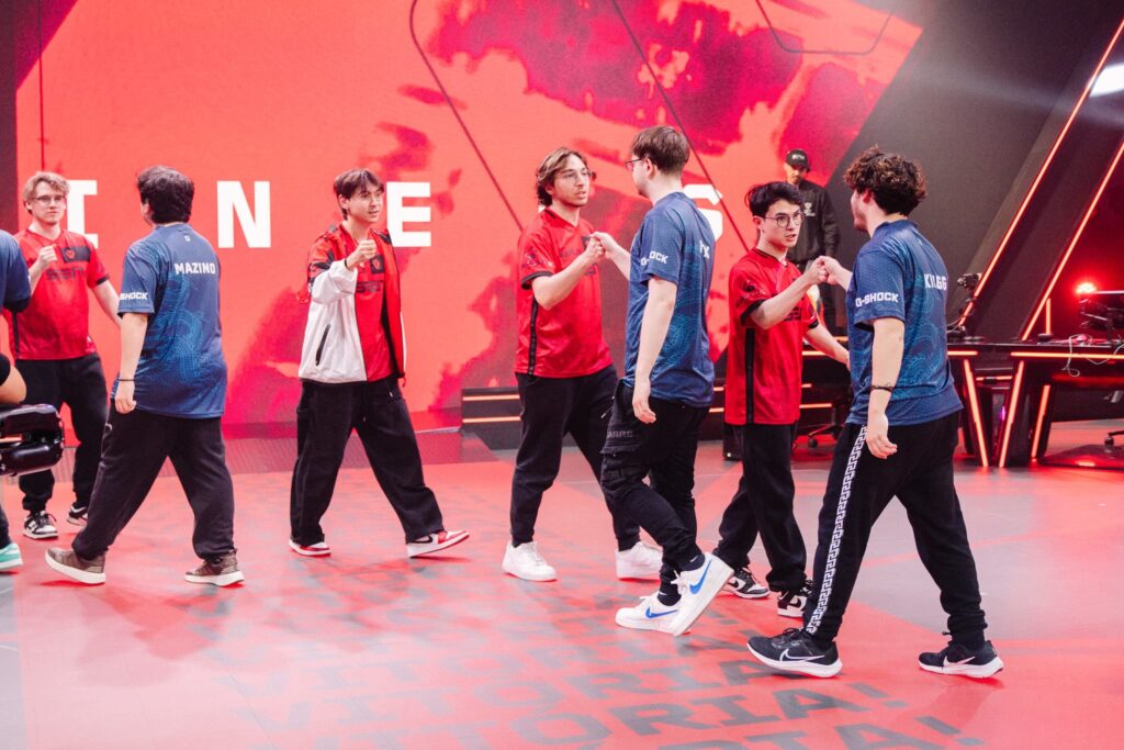 Leviatán (L) and Sentinels shake hands at VCT Americas Kickoff on Day 3 of Week 2 at Riot Games Arena on February 25, 2024. 